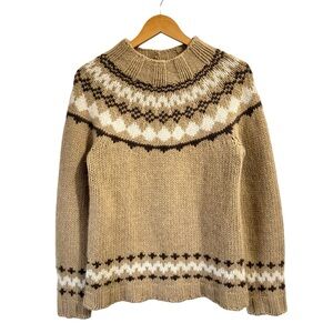 Brooks Brothers Hand Knit Wool Angora Fair Isle Sweater Tan White Women’s L